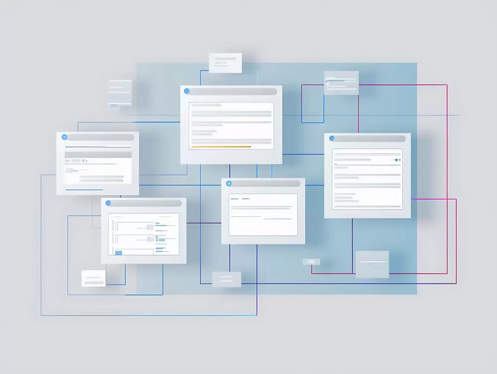 Illustration schématique de pages web reliées entre elles, représentant le maillage interne et l’architecture d’un site.